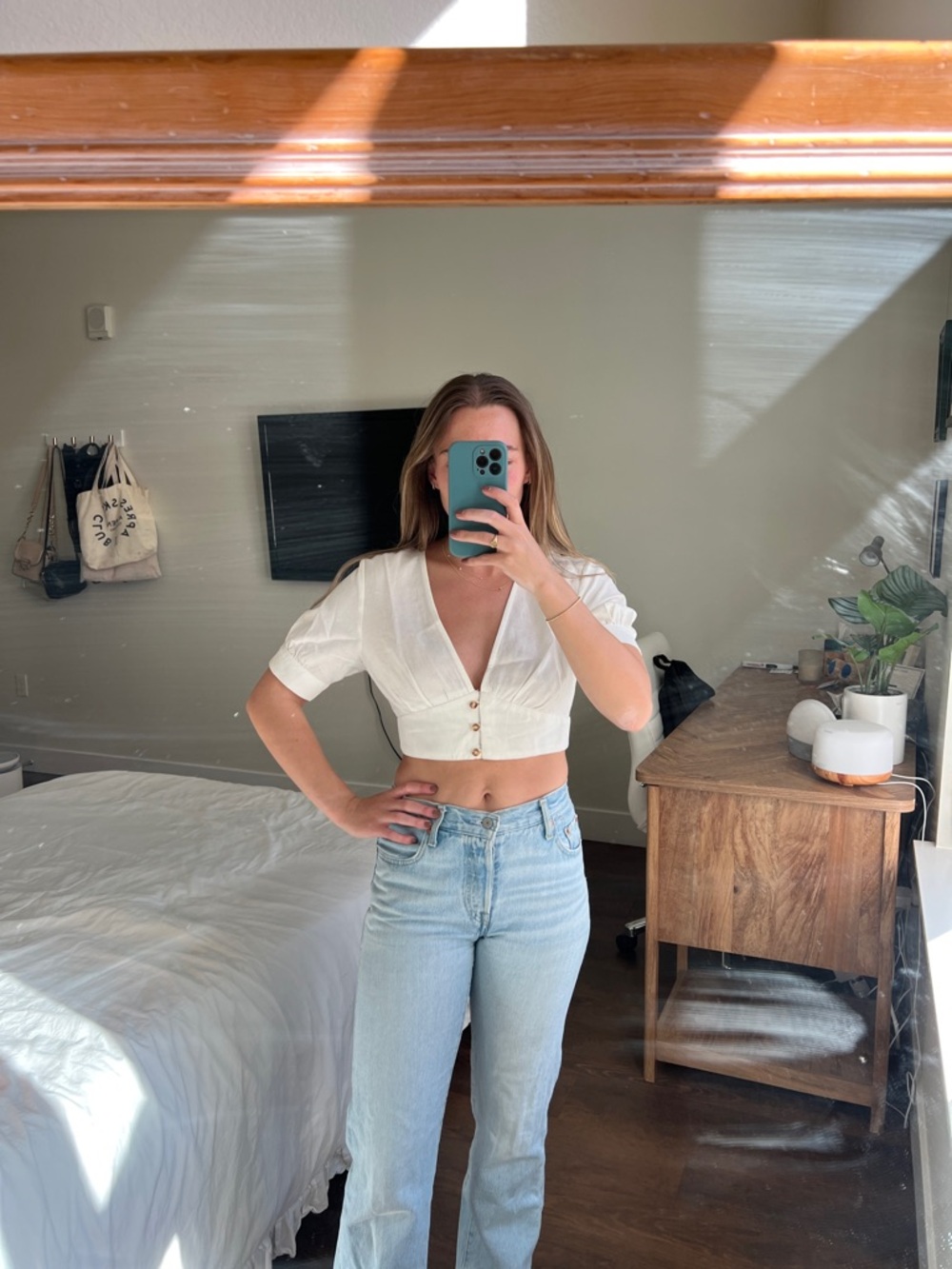 Cropped Button-Front V-Neck Top in White